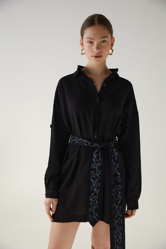 Black Shirt-Dress with Flower Pattern Belt