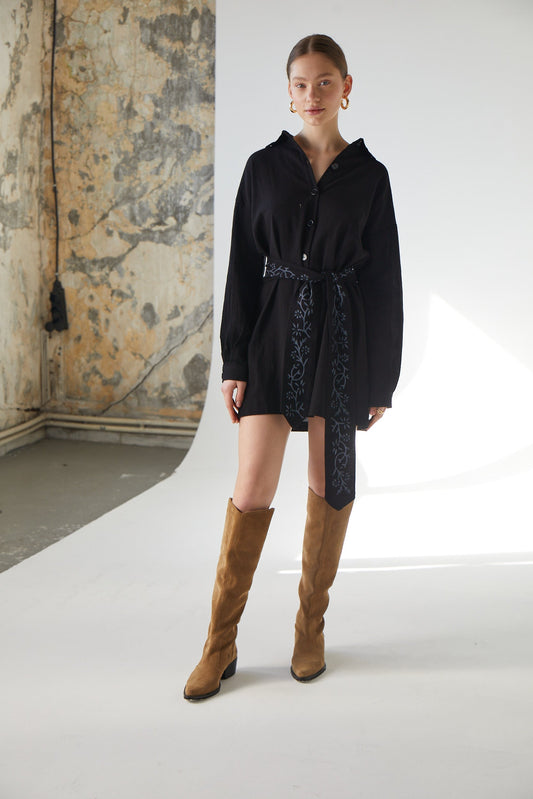 Black Shirt-Dress with Flower Pattern Belt