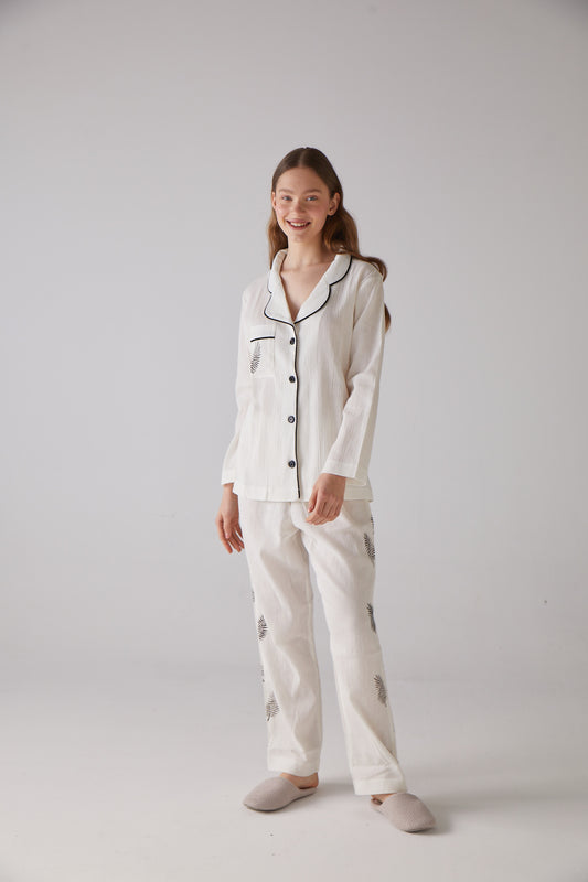 Leaf Pattern White Long Pajama Set