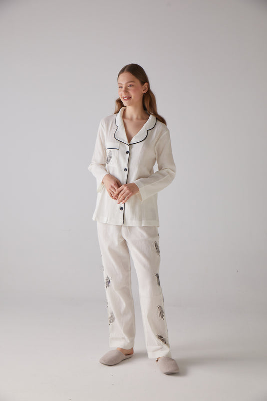 Leaf Pattern White Long Pajama Set