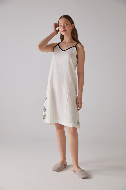 Leaf Pattern White Night-Gown with Strap