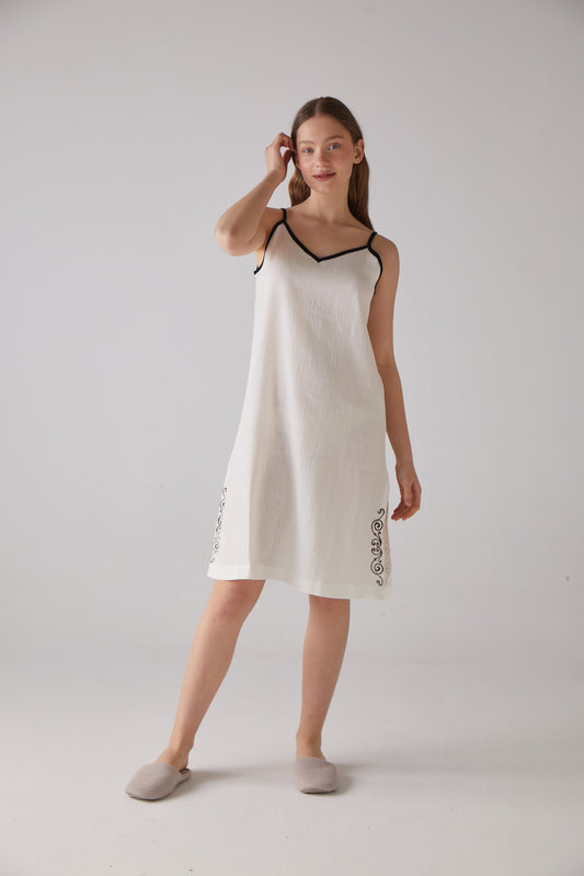 Clef Pattern White Night-Gown with Strap