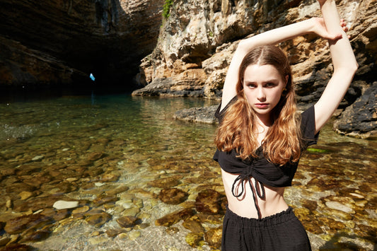 Black Muslin Shirred Crop