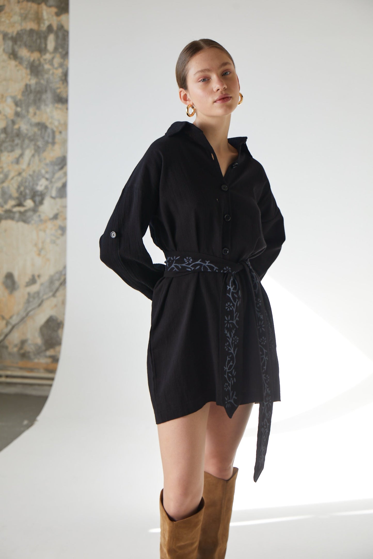 Black Shirt-Dress with Flower Pattern Belt