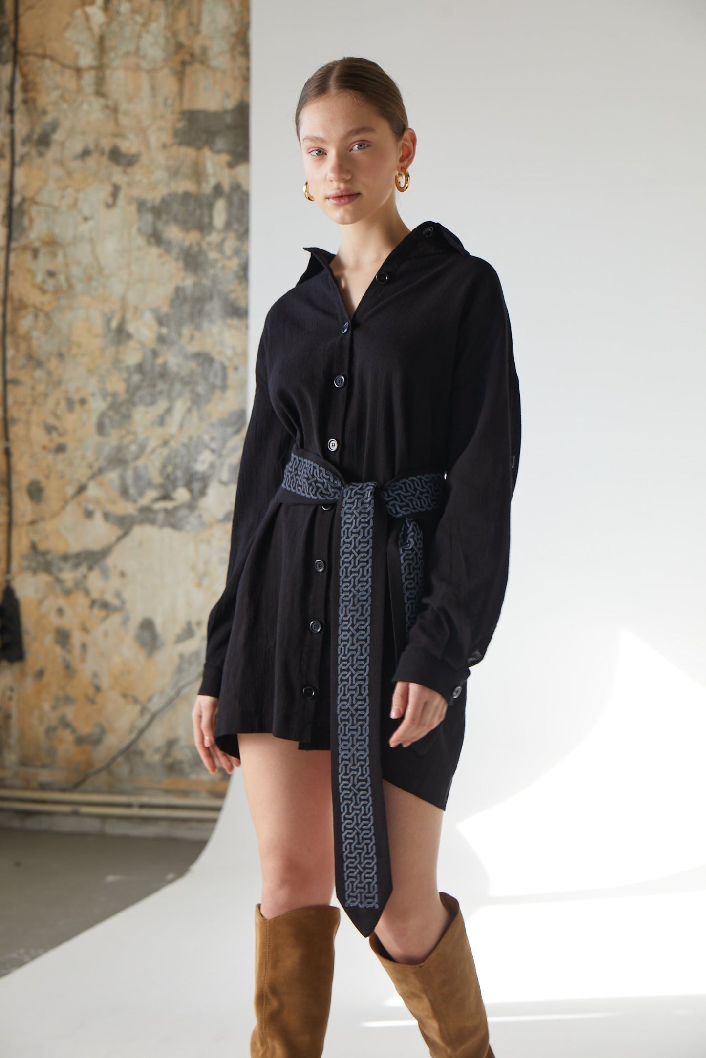 Black Shirt-Dress with Ethnic Pattern Belt