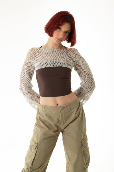 Grey Fish Net Sheer Crochet Bolero