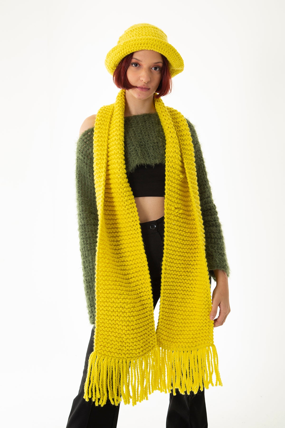 Yellow Hand Knitted Hat/ Scarf Set