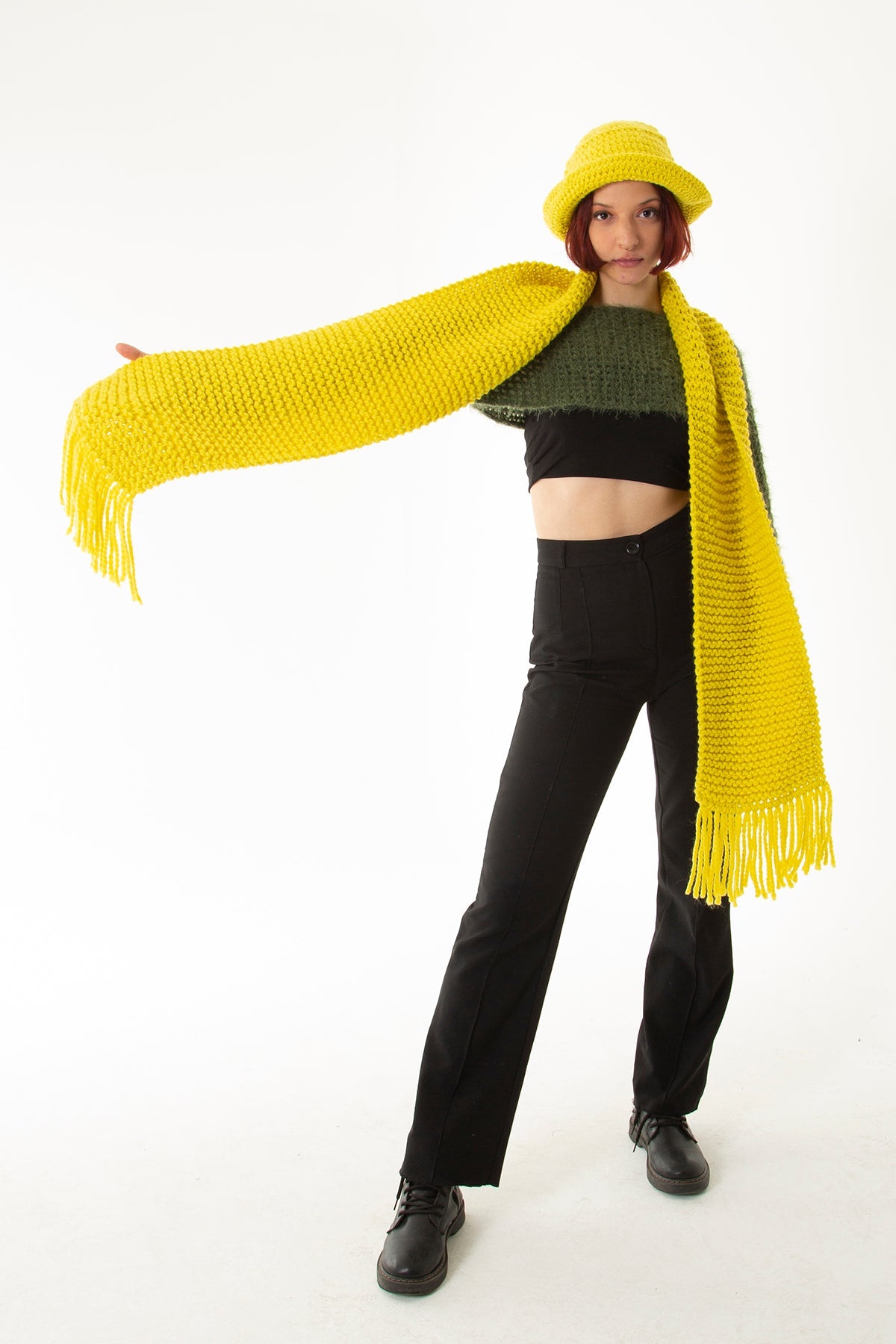 Yellow Hand Knitted Hat/ Scarf Set