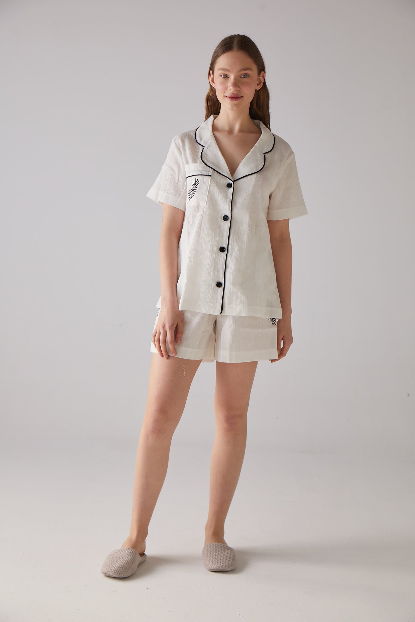 Leaf Pattern White Short Pajama Set