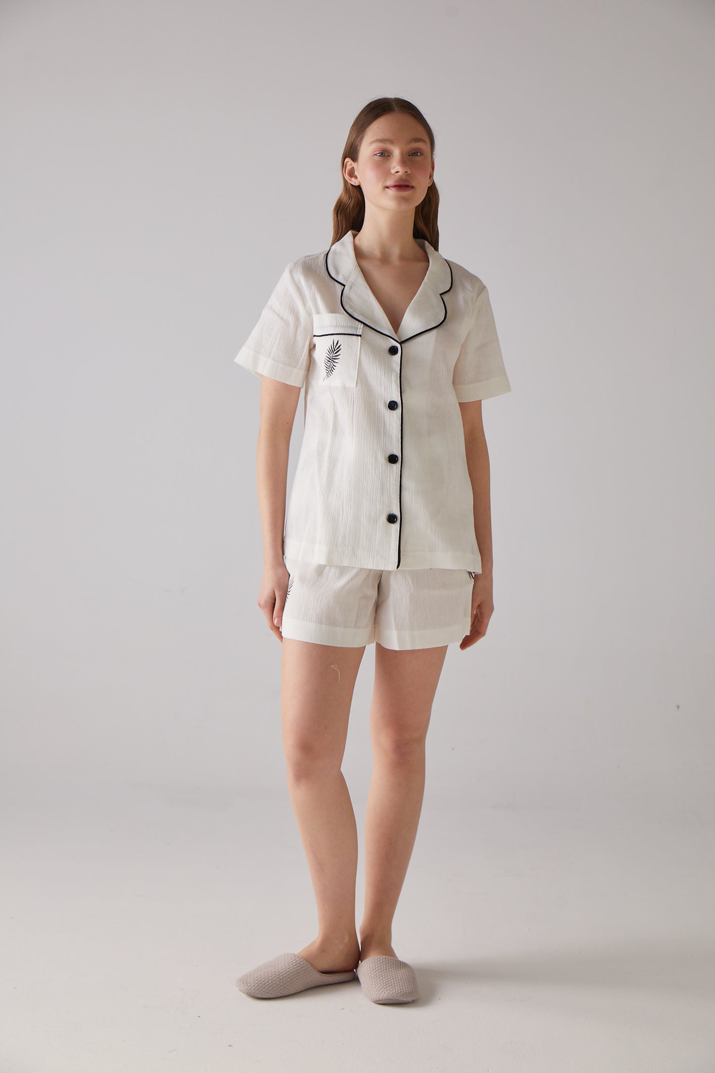 Leaf Pattern White Short Pajama Set