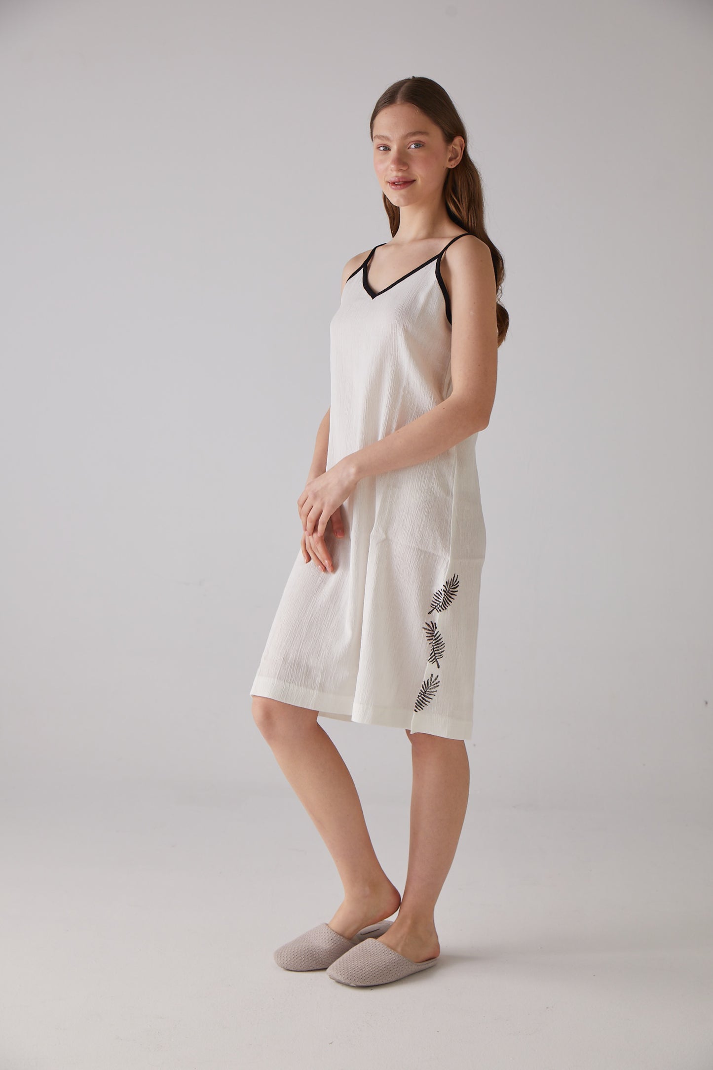 Leaf Pattern White Night-Gown with Strap