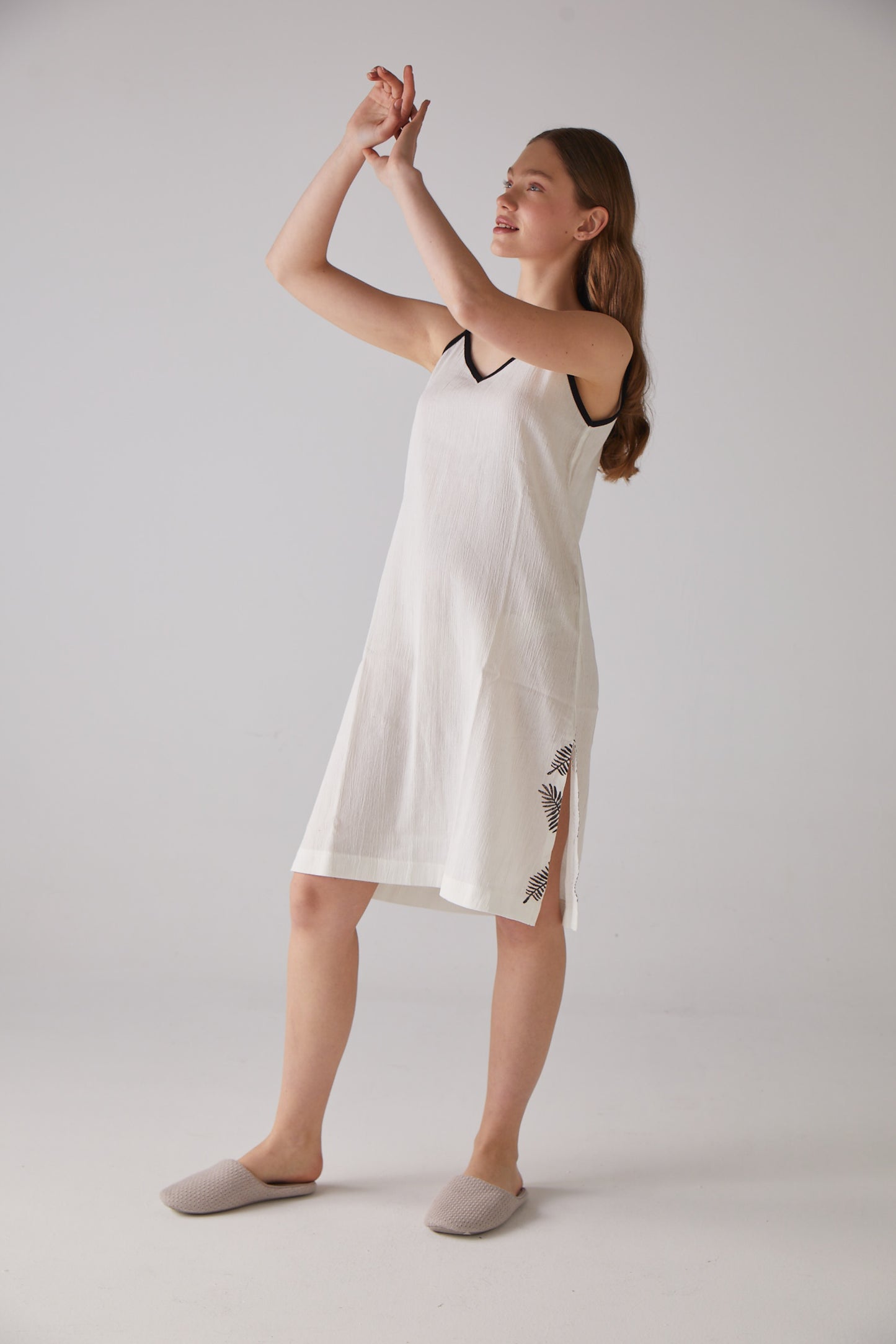 Leaf Pattern White Night-Gown with Strap