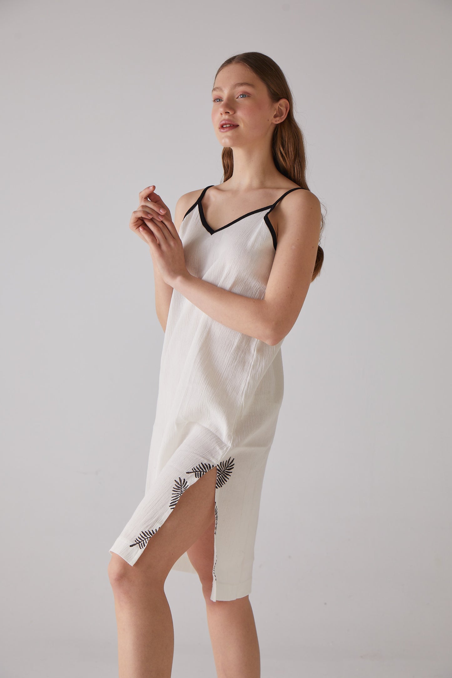 Leaf Pattern White Night-Gown with Strap