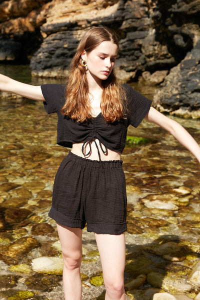 Black Muslin Shirred Crop