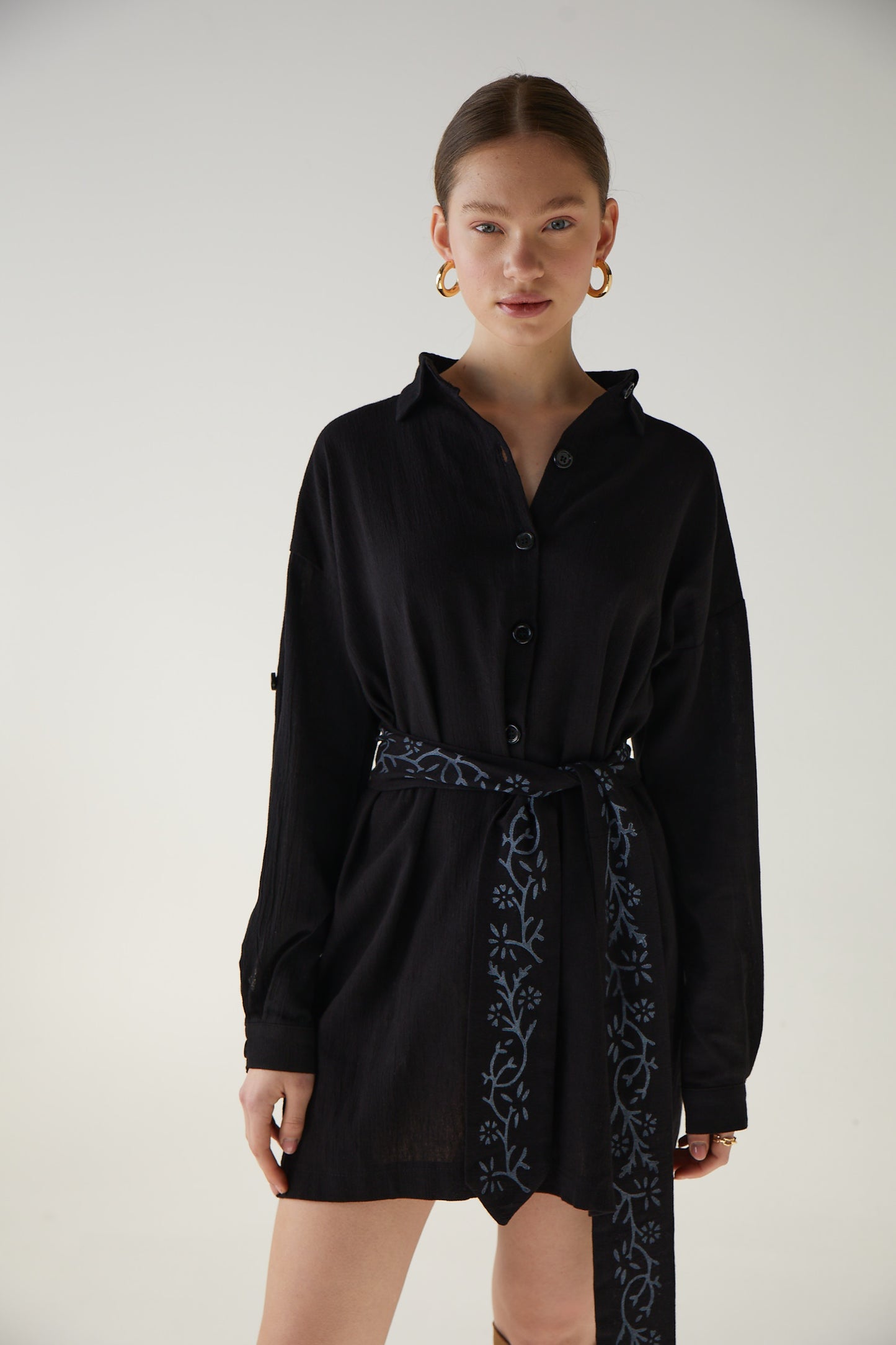 Mini Black Shirt Dress with Flower Belt