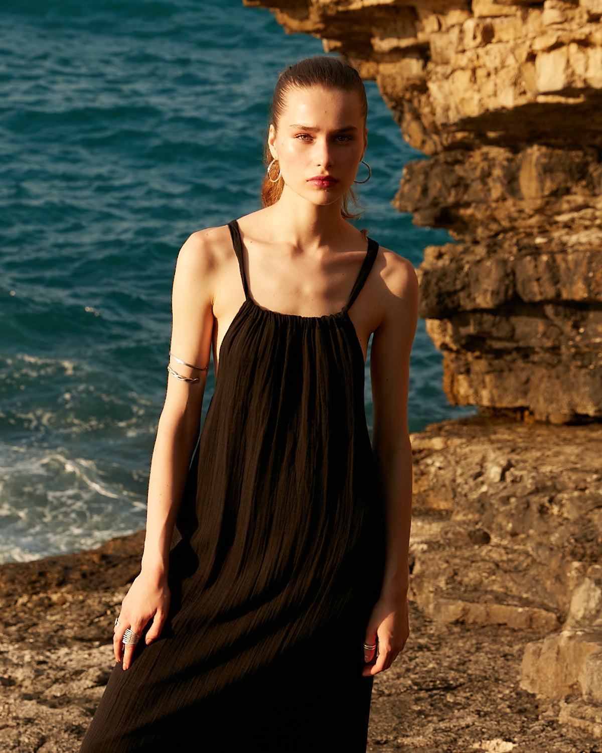 Cross Back Black Muslin Dress