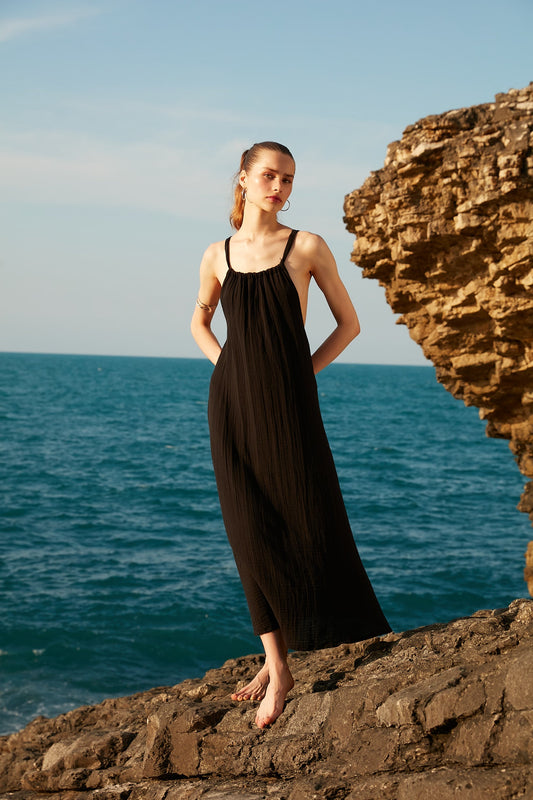 Cross Back Black Muslin Dress